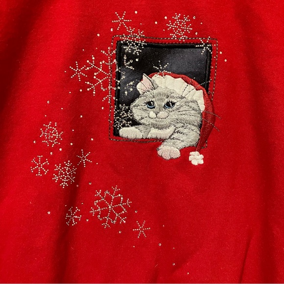 Top Stitch Embroidered Cat & Snowflakes Red Double Collar Crewneck Sweatshirt - Picture 2 of 8